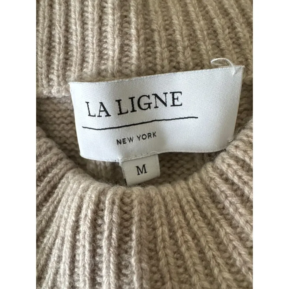 LA LIGNE Wool Cashmere Striped Cable Knit Crewneck Sweater Tan Cream Size Medium